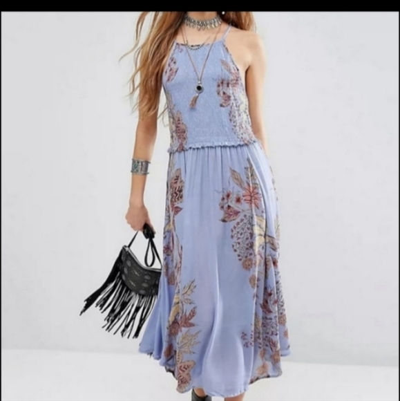 Free People Dresses & Skirts - Free People Seasons in the Sun Slipdress Blue Floral Smocked Asymmetrical Hem XS